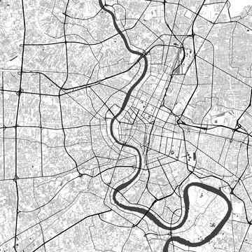 Minimal vector city map of Bangkok with streets, canals and Chao Phraya River