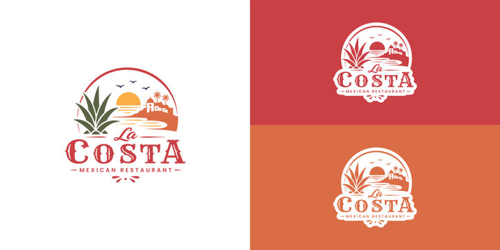 A logo for a Mexican restaurant featuring a red arc, an agave plant, an ocean sunset with birds, and mission-style architecture with palm trees.