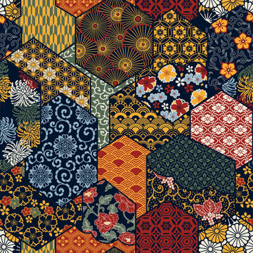 Traditional Japanese graphics tiles fabric abstract  patchwork vintage vector seamless pattern for fabric shirt wrapping carpet rug tablecloth pillow tapestry towel