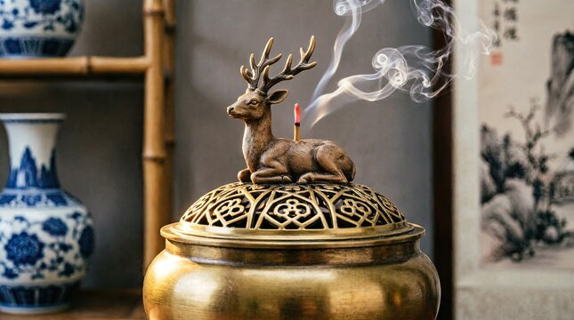 Brass deer incense burner with smoke and porcelain vases
