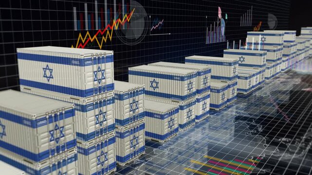 Israel export import and production cargo containers on charts and diagrams seamless and loopable business concept. Israeli flag industrial shipping box 3d loop.