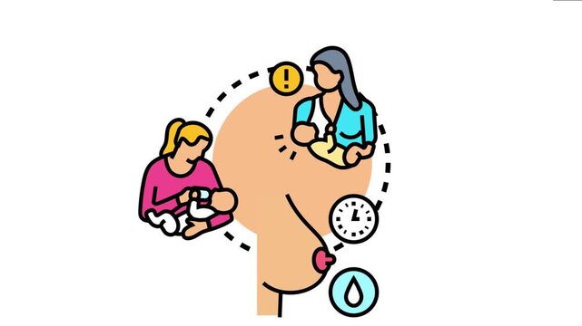 Breast with surrounding illustrations of a mother nursing a baby with a warning, a mother bottle feeding, a clock symbolizing timing, and a milk drop, depicting various aspects of infant nutrition