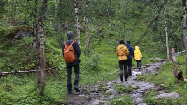 Family with children and pet dog, hiking Kilpisjarvi trail to three point border Finland Norway Sweden, the most nortern three borden in Europe