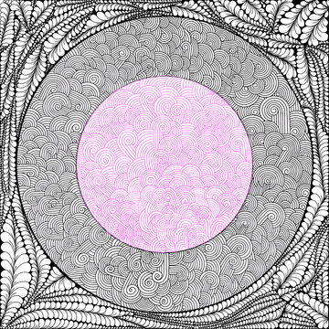 Nature and Zentangle and Zendoodle inspired pattern design. art, frame, ornate, decor, frame, design, doodle, line, lines, intricate, pink, black, white, zen, fern, artwork, drawn, creative, ethnic