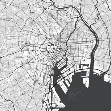 Minimal vector city map of Tokyo with streets, parks and waterways