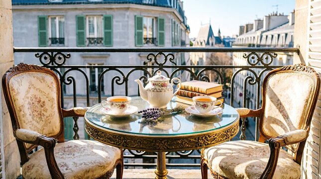 Elegant tea service for two on balcony overlooking Paris
