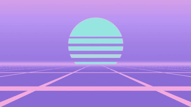 Synthwave striped sun over grid horizon, seamless loop motion background, holographic pastel
