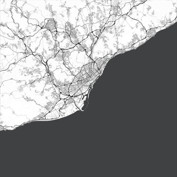 Minimal vector city map of Barcelona with streets, parks and Mediterranean coastline