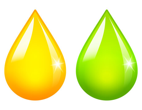 Yellow and green color oil drops isolated on white background
