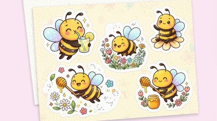 Obraz premium Adorable cartoon bee stickers in various cheerful poses, including drinking, flying, and collecting honey.