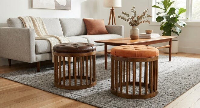 Contemporary living room with sofa and ottomans