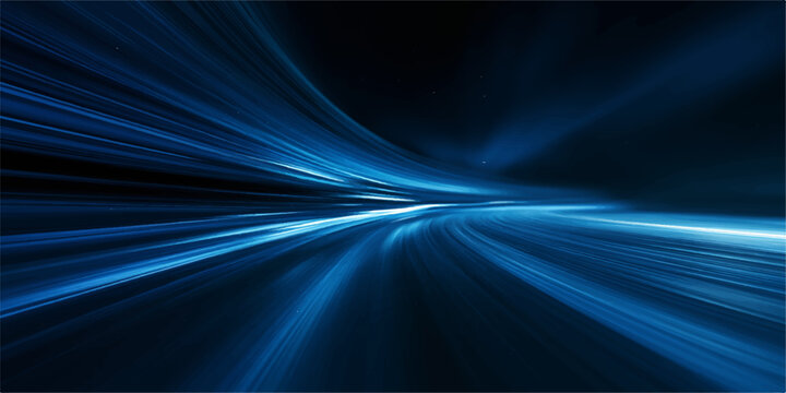 Abstract blue light streaks create a sense of speed and motion, a dynamic visual representing digital technology and rapid advancement, with a dark background enhancing the glowing trails.