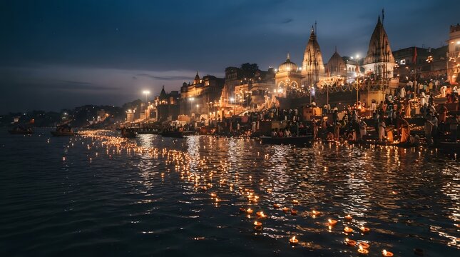 Floating diyas on ganges river at varanasi