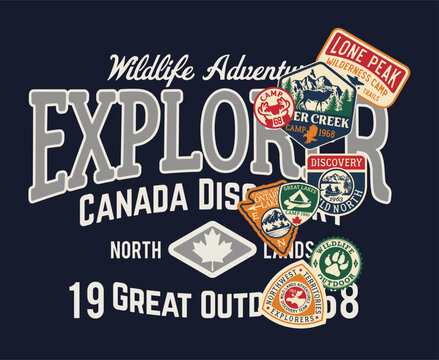 Explorer wildlife adventure great outdoor Canada discovery vintage vector print for boy kids t shirt sweatshirt with embroidery patches applique