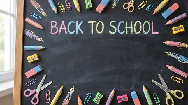 Back to school background with school supplies on a chalkboard top view with copy space for text education concept