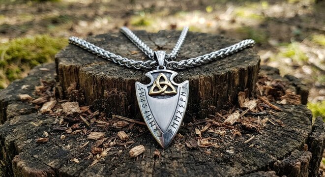 Celtic triquetra pendant on silver chain outdoors