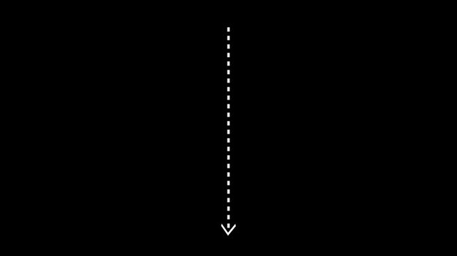 Minimalist white dashed line arrow animation pointing Down on a clean black background.