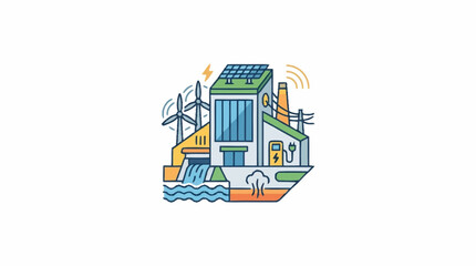 Fototapeta premium Renewable energy facility graphic showcasing wind turbines solar panels and a hydroelectric dam producing clean power.