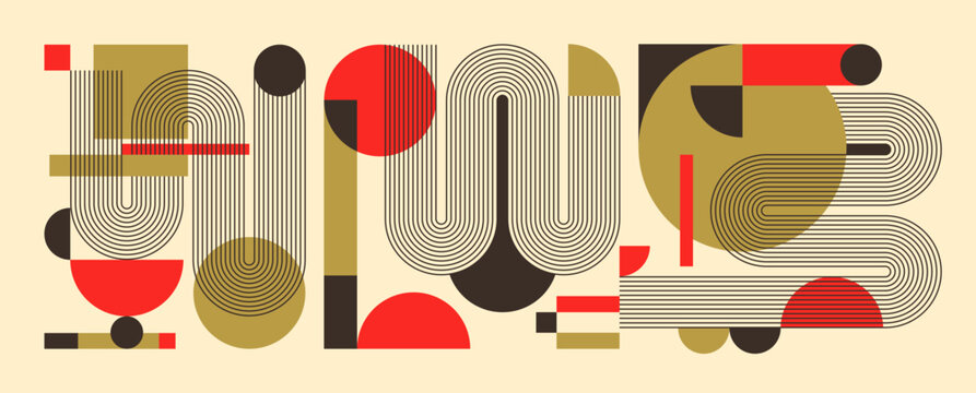 Retro geometric abstract design featuring bold lines, circles, and curved shapes. Vector illustration.