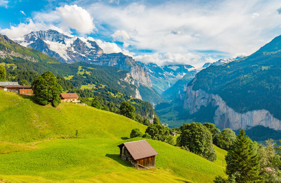 Scenic view to Lauterbrunnen valley from Wengen village, Switzerland