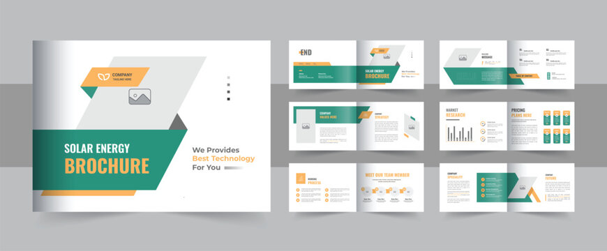 Solar power brochure template, green energy portfolio magazine design or solar energy company brochure layout and renewable bioenergy portfolio