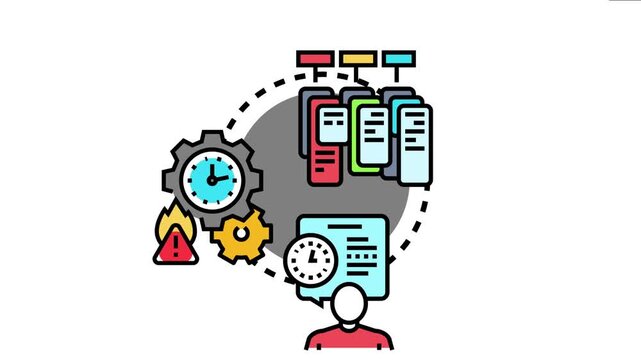 Employee avatar managing time and tasks, with a gear system indicating process automation, alert symbols for critical issues, and multiple queued documents representing work allocation