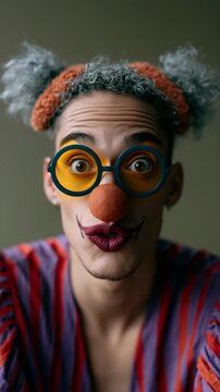 Vertical portrait of a laughing person in striped clown outfit with orange nose and oversized round yellow glasses for poster background and playful editorial use