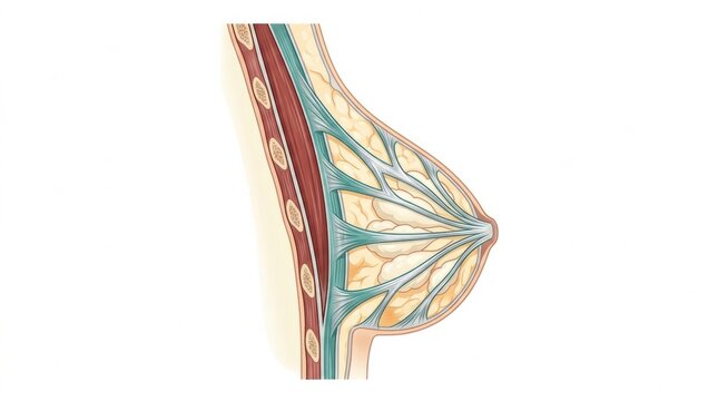The myofascial anatomy of the breast, highlighting connective tissue and collagen structures in the body network.