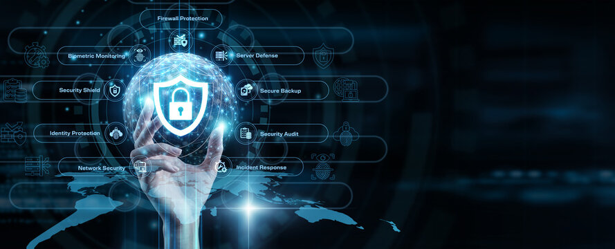 IT specialists holding hands up to strengthen network cybersecurity. This global network of threat detection protects corporate assets and prevents malicious attacks.