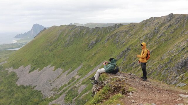 Mount Matind hike, family with children and pet dog, kids and mom, hiking Matinden peak summertime