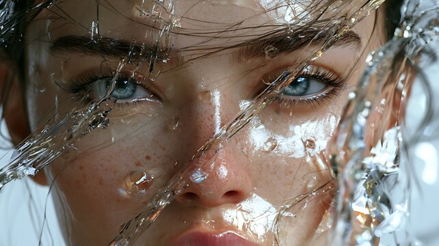Das Gesicht einer Frau und spritzendes Wasser.