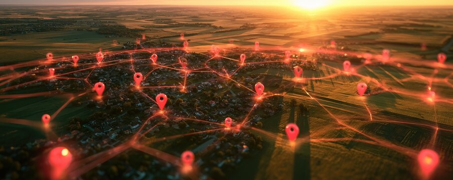 Aerial view of a network of glowing red location markers connecting a rural landscape at sunset
