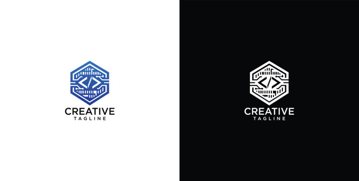 Tech logo design with hexagonal circuit patterns and code brackets for software engineering and branding