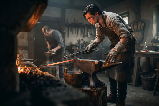 A blacksmith working in a traditional stone forge with a glowing hot metal piece on an anvil and a furnace in the background
