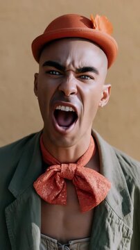 Open mouth expressive portrait of a person in orange bowler hat and sparkly bow tie for poster and theatrical editorial use