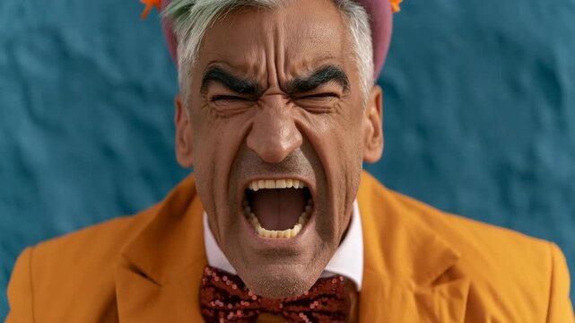 Intense frontal clown portrait with open mouth and sequined bow tie in orange suit for bold poster banner background and theatrical design