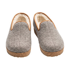 Cozy grey wool slippers with warm sherpa lining and cork sole isolated © Vova7