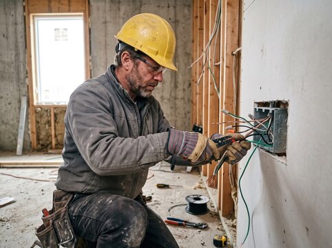 Electrician at Work: A focused electrician wearing a yellow hard hat and safety glasses meticulously works on electrical wiring inside a building under construction.