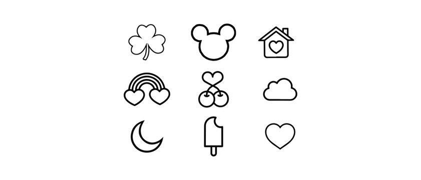 black line icons of hearts, clouds, house and food
