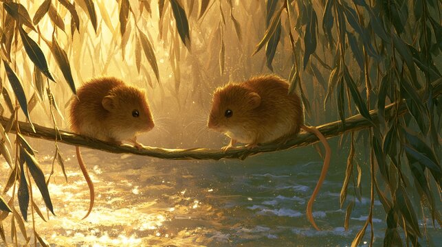 Tiny harvest mice balancing on willow branch over sparkling brook. golden sunlight filters through leaves. high quality photography