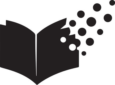Minimalist digital book logo, open book with flying pixels vector, black and white ebook icon for online library and education apps