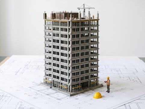 Architectural Blueprint: A detailed model of a high-rise building under construction stands on architectural blueprints, with a miniature worker figure and hard hat nearby.