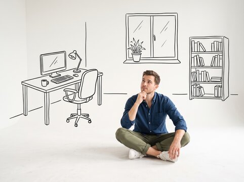 Dreaming of Success: A young man sits in a dreamlike state, envisioning his ideal workspace with a desk, computer, bookshelf, and window.