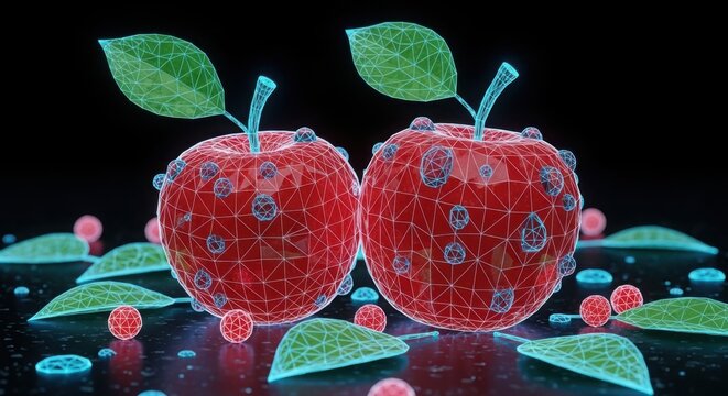Two fresh red apples with water drops on black background illustration