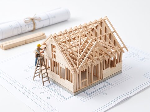 Architectural Model of a House: A detailed wooden model of a house under construction, with blueprints and tools, showcasing the planning and building process.