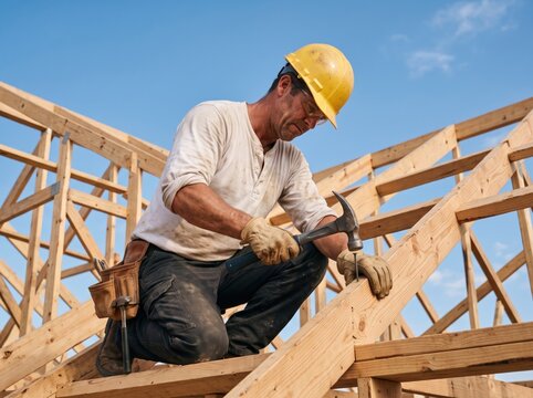 Construction Worker on Roof: A skilled construction worker, wearing a yellow hard hat and gloves, diligently hammers a wooden beam onto the roof of a building under a clear blue sky.