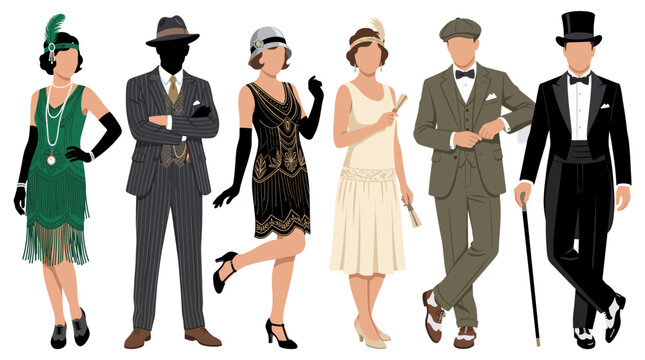 Professional vector collection featuring different American men and women wearing authentic 1920s fashion, elegant flapper dresses, feather headbands, pinstripe suits, suspenders, fedoras