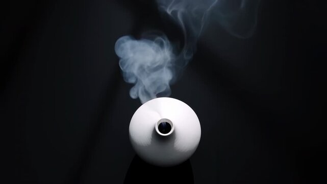 White spherical diffuser releases curling white mist upward from central opening against dark draped fabric, creating minimalist home wellness scene with high contrast lighting