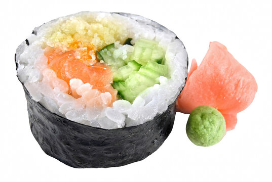 Fresh Salmon and Cucumber Sushi Roll with Ginger and Wasabi