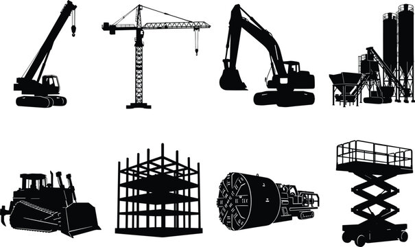 Construction Machinery Silhouette Set with Crawler Crane Tower Crane Excavator Concrete Batching Plant and Tunnel Boring Machine Vector Icons